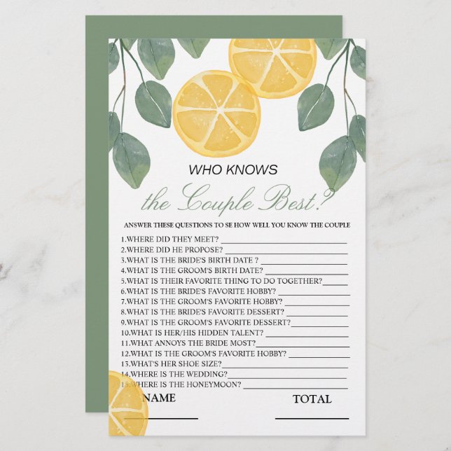 Wie kent het beste Lemon Bridal Game (Voorkant / Achterkant)