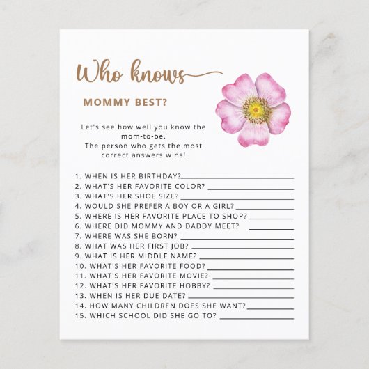 Wie kent mama het beste baby shower spel. (Voorkant)