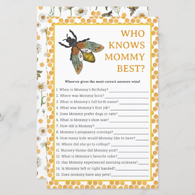 Wie kent mama het beste Baby shower spel | honingb (Voorkant / Achterkant)