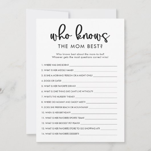 Wie kent mama het beste baby shower spel kaart (Voorkant)