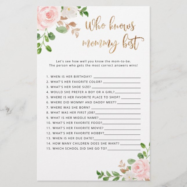 Wie kent mammie beste baby shower game (Voorkant)