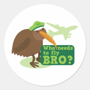 Wie moet er met bro vliegen? humor kiwi ronde sticker