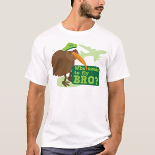 Wie moet er met bro vliegen? humor kiwi t-shirt