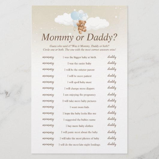 Wie zei het Blue Teddy Bear Baby shower spel Flyer (Voorkant)