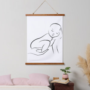 Wiegende Onschuld – Minimalistische Baby Lijnkunst Hangend Wandkleed