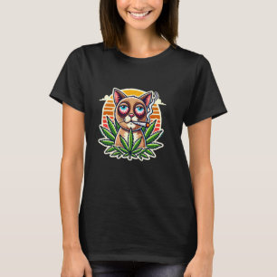 Wietrokende Kat die Wiet Rookt Retro Zonsondergang T-shirt