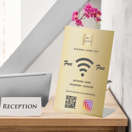 Wifi business logo qr code instagram goud reclamebord met voetstuk