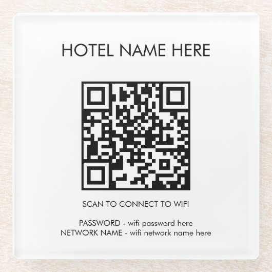 WIFI Details QR Code Hotelnaam Eenvoudig Glazen Onderzetter (Voorkant)