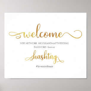 Wifi network hashtag Gold white info Wedding Sign Poster