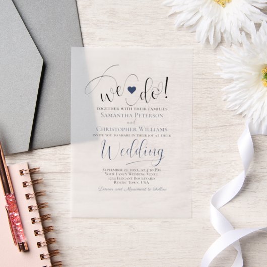 Wij doen Navy Blue Modern Script & Heart Wedding Vellum Uitnodigingen (Huwelijk)
