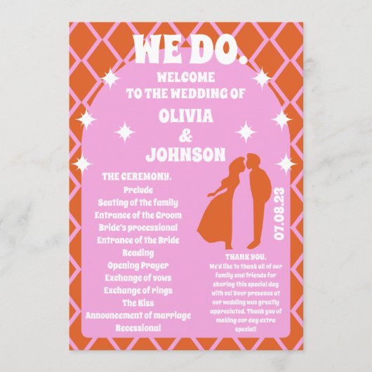 Wij doen Oranje Retro Boho Wedding Order of Servic Programma (Voorkant)