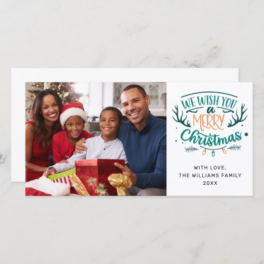 Wij wensen u een Blauwgroen kerstfoto van de prett Feestdagenkaart (Voorkant / Achterkant)