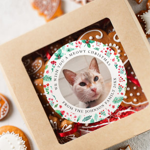 Wij wensen u een Meowy Christmas Cat foto Ronde Sticker