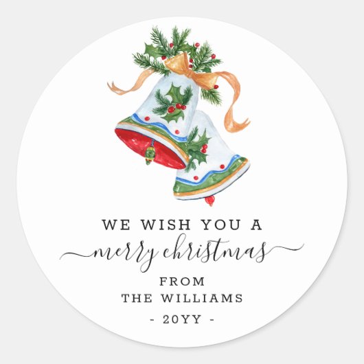 Wij wensen u een vrolijk kerstscript Bells Custom Ronde Sticker (Voorkant)