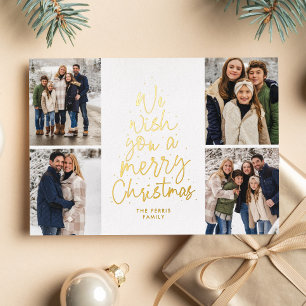 Wij wensen u een Vrolijke Kerstmis rood goud vier Folie Feestdagenkaart