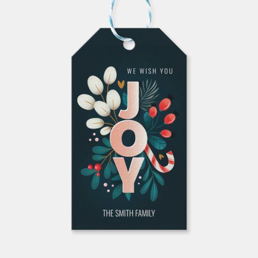 Wij wensen u JOY, kerstsnoepriet en olievlek Cadeaulabel (Voorkant)