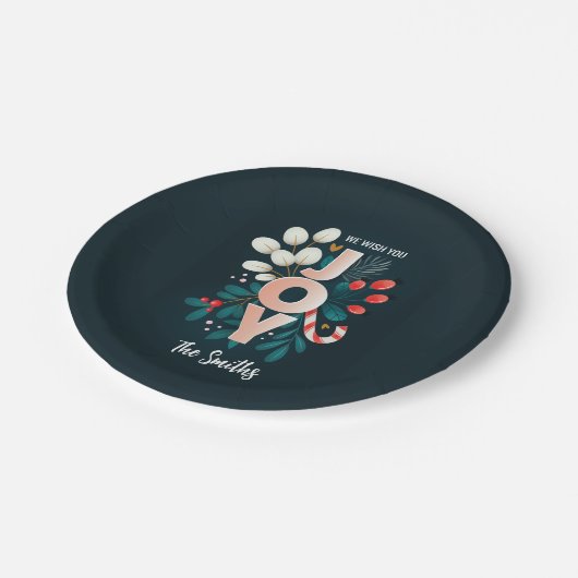 Wij wensen u JOY, kerstsnoepriet en olievlek Papieren Bordje (Gekanteld)