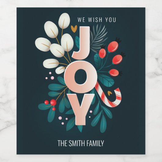 Wij wensen u JOY, kerstsnoepriet en olievlek Wijn Etiket (Enkel label)