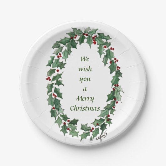"Wij wensen u..." Traditional Holly Wreath Papieren Bordje (Voorkant)