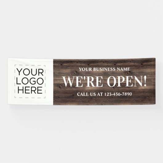 Wij zijn Open Business Logo Rustic Wood Spandoek (Horizontaal)