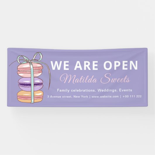 Wij zijn Open Pastry Chef Macaroon Paarse Zaken Spandoek (Horizontaal)