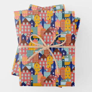 Wijk Blok Stads Huizen Patroon Inpakpapier Vel