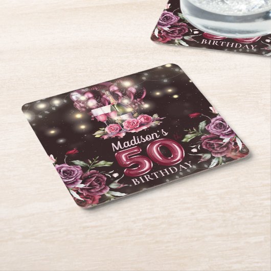 Wijn & Ballonnen 50e verjaardag gepersonaliseerd Vierkante Kartonnen Onderzetter (Schuin)