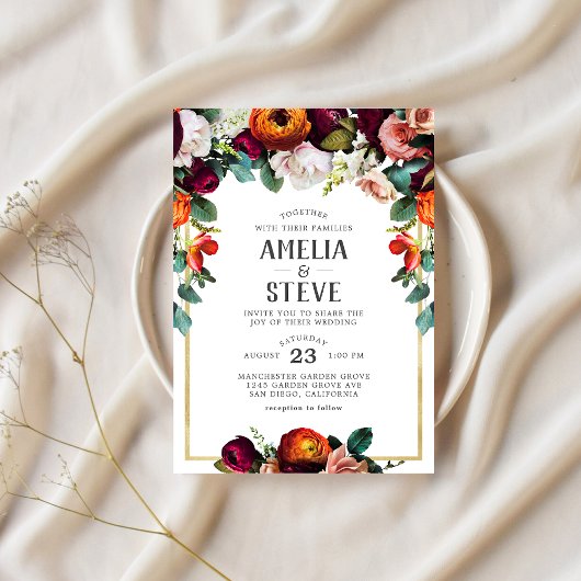  wijn, blush en verbrand Oranje Floral Invitati Kaart