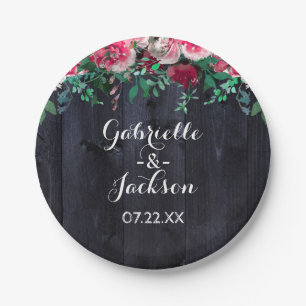 Wijn Blush & Navy Wood Burgundy Weddenschap Monogr Papieren Bordje