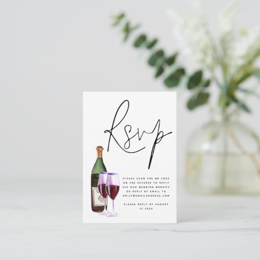 Wijn Bottle Glass Script QR Code Weddenschap RSVP Informatiekaartje (Staand voorkant)