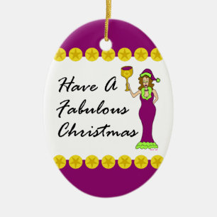 Wijn Diva Fabulous kerstGold Stars Oval Keramisch Ornament