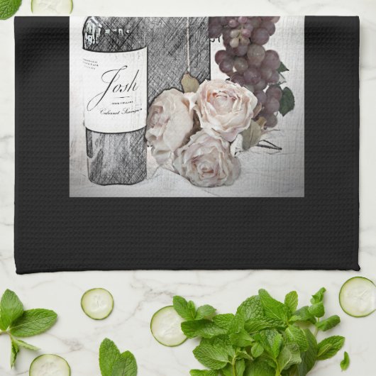 Wijn, druiven en Rozen in Bourgogne en zwart Theedoek (Gevouwen)
