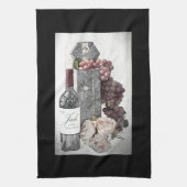 Wijn, druiven en Rozen in Bourgogne en zwart Theedoek (Verticaal)