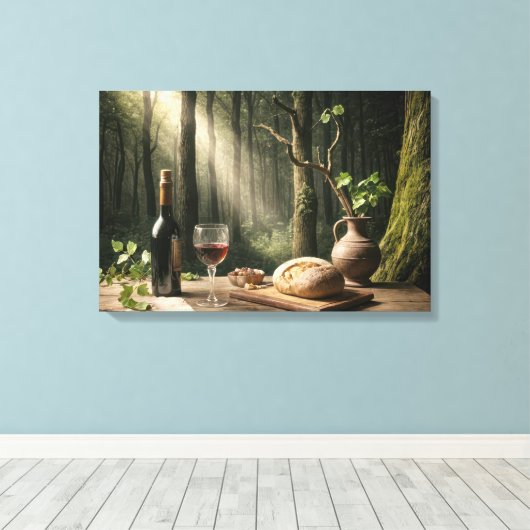 Wijn en brood op een bostafel canvas afdruk (Insitu (Houten vloer))