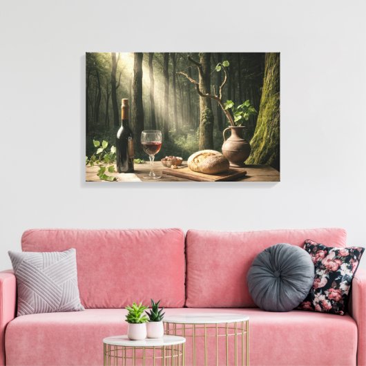 Wijn en brood op een bostafel canvas afdruk (Insitu (Woonkamer))