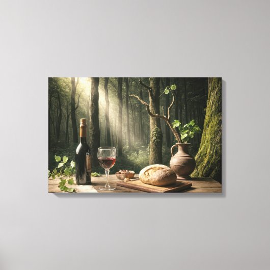 Wijn en brood op een bostafel canvas afdruk (Voorkant)