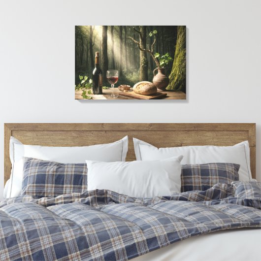Wijn en brood op een bostafel canvas afdruk (Insitu (Slaapkamer))