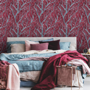 Wijn en Cadet Grey Tree Branches Patroon Behang