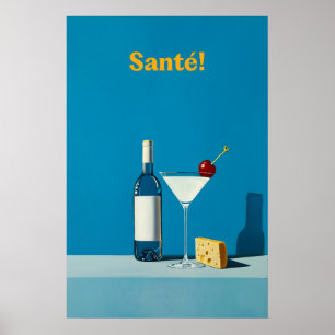 Wijn en kaas kunstprint Martini Cocktail, Blauw Poster