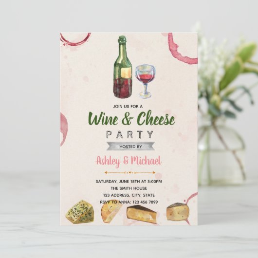 Wijn en kaas thema feestuitnodiging kaart (Staand voorkant)