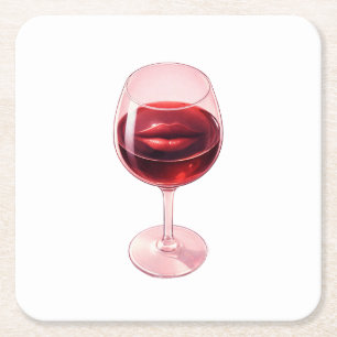 Wijn Glas met Rode Lippen Cocktail Servietten Vierkante Kartonnen Onderzetter