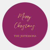 Wijn & Gouden Kleuren Vrolijk Kerstmis Ronde Sticker (Voorkant)