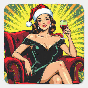 Wijn Humor Retro Pop Art Kerstmis Vierkante Sticker