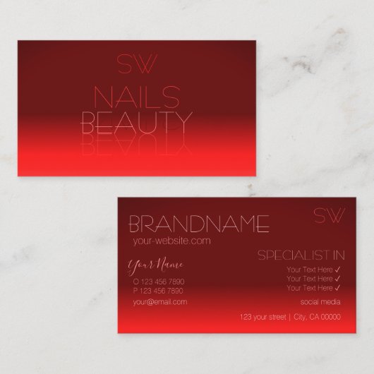 Wijn Red Gradient Chic Mirror Font met Monogram Visitekaartje (Voorkant / Achterkant)