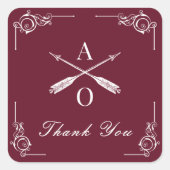 Wijn Rode Monogram en pijlen Bruiloft Dank u Vierkante Sticker (Voorkant)
