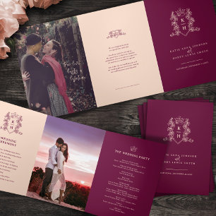 Wijn rode perzik foto kroon monogram bruiloft drieluik programma
