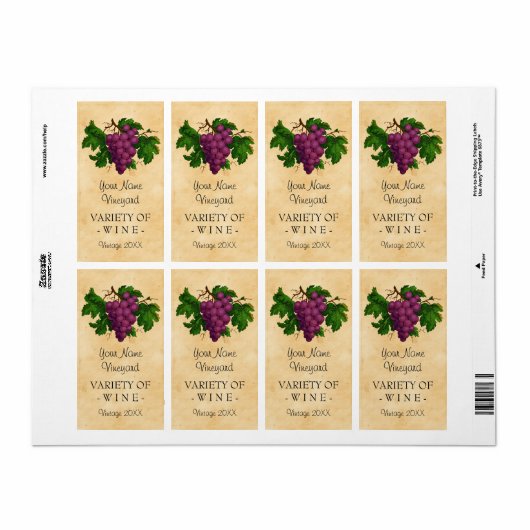 Wijn Sjabloon  Druiven Aangepaste fles Etiket (Full Sheet)