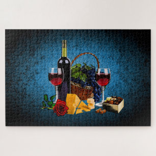 Wijnfles/druiven/mandje, kaas, chocolade, blauw legpuzzel