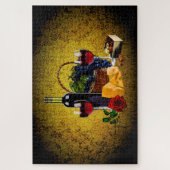 Wijnfles/druiven/mandje, kaas, chocolade, goud legpuzzel (Verticaal)