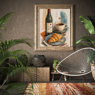 Wijnfles, koffie en croissant muurkunstprint poster